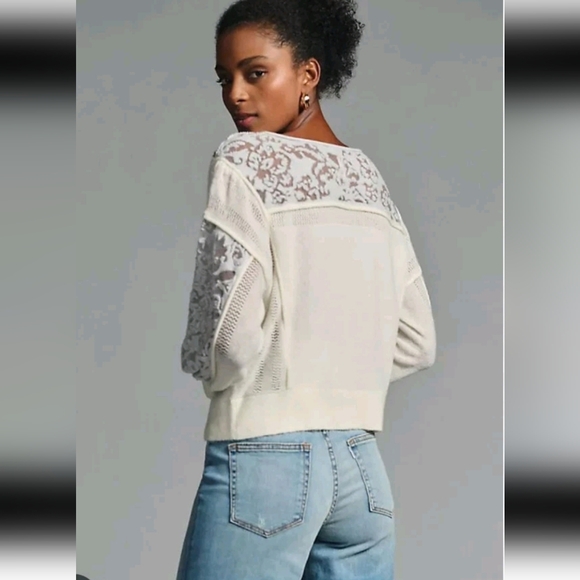 Anthropologie Womens Cream Sheer Balloon Sleeve Wool Blend Soft Feminine Sweater - Picture 2 of 15